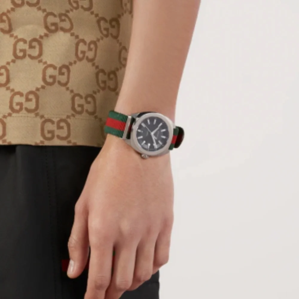 Gucci Black Dial Stainless Watch with Green and Red Nylon Strap